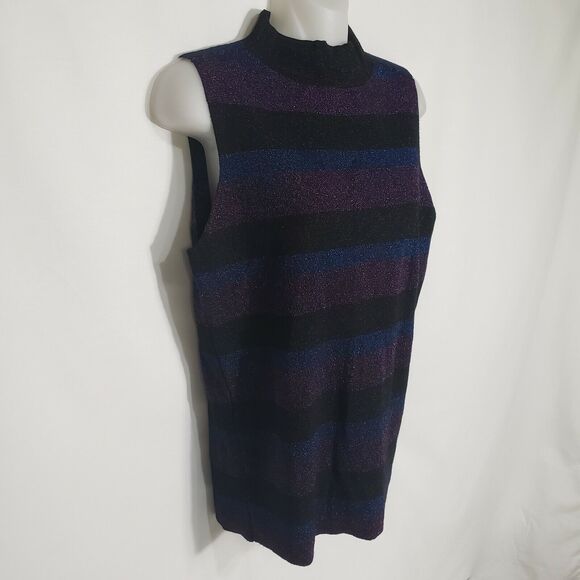 Nine West Womens Sweater Medium Mock Neck Sparkle Multicolor Stripe Sleeveless - Picture 5 of 9